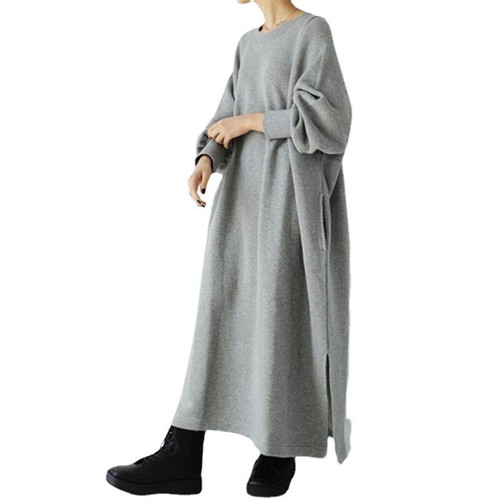 Damen Rundhals Langarm Sweatshirt Kleid Elegant Seitenschlitz Pullover Kleid - Bild 5 von 9