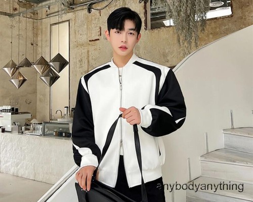 Men's Spring Fashion Stand Collar Long Sleeve Loose Color Matching Jackets Coats - Picture 6 of 27