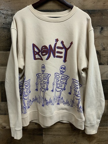 Boney Crewneck Sweatshirt Men's Large Beige Skeletons All Around Print 2000s Y2K