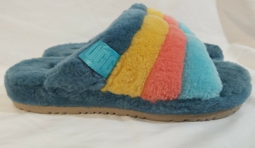 UGG Herren Fluff You Streifen Marina Blau Kunstfell Hausschuhe Neu ohne Karton - Bild 1 von 5