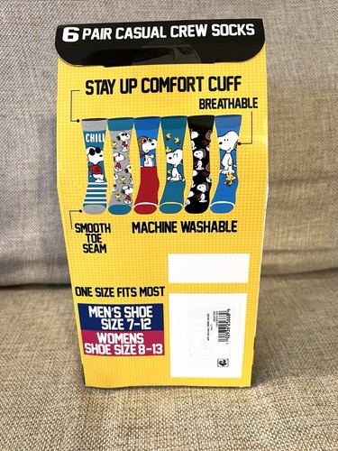 Peanuts 6-Pack Casual Crew Sock One Size Fits Most - Picture 5 of 9