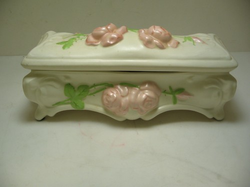 Vintage Porcelain Jewelry Trinket Holder Rose Design 4 Legs Felt Feet 8" x 3" - Picture 3 of 13