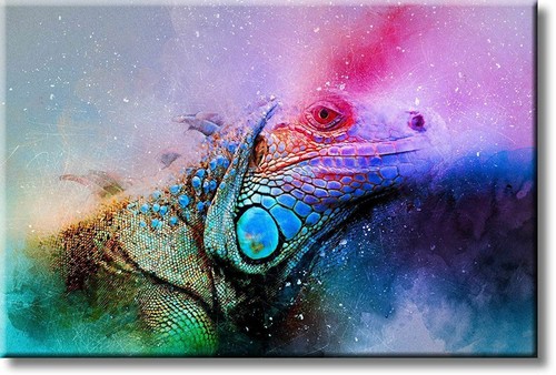 Cuadro colorido de iguana sobre lienzo estirado, decoración de arte de pared, listo para colgar - Imagen 7 de 8