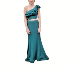One Strap Long Green Two Piece Prom Dress 