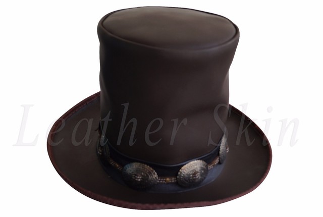 Handmade Genuine Black Leather Hat GUNS N ROSES SLASH Western Style Mens Top Hat
