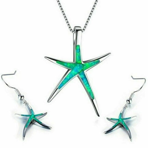 Starfish Blue Fire Opal Sea Ocean Theme Necklace Pendant Earrings Jewelry Set - Picture 8 of 11