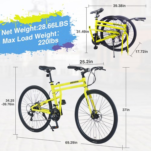 MEGHNA 700C Folding Road Bike 21-Speed Heavy Duty Folding Bike ,Yellow - Picture 6 of 8