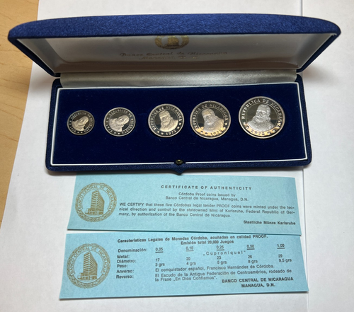 1972 Nicaragua 5 coin PROOF set, Low mintage, 1 year type only issued in sets!