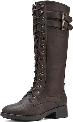 Women Winter Knee High Boots Lace Up Low Heel Side Zipper Riding Boots 5-12 Size - Picture 7 of 26