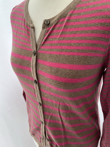 Cardigan H&M S Brown Pink Striped Button Up Knit Long Sleeve Cotton Crew Neck - Picture 9 of 12