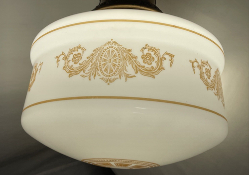 Large RESTORED Antique Vtg Arts Crafts Deco Milk Glass Schoolhouse Ceiling Light - Picture 11 of 23