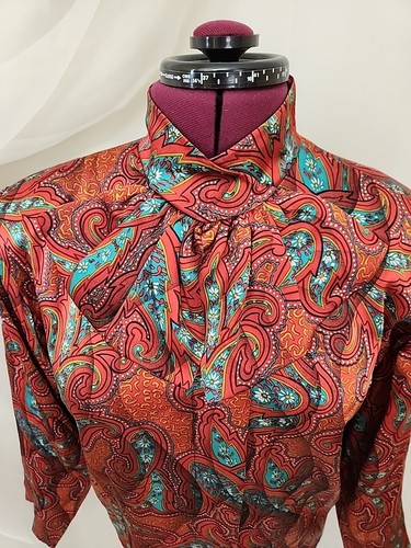 Vintage - Floral Paisley 100% Silk Fan Bow Scarf Blouse - Sz 10 - Picture 2 of 13