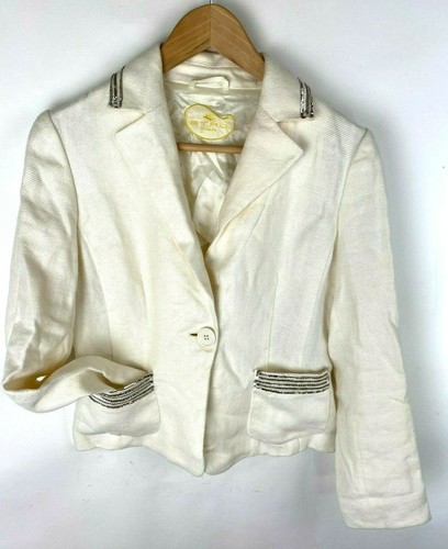 ETRO MILANO Cream Ivory Linen Silk Womens Tuxedo Blazer Jacket Sequins Sz XS - Picture 3 of 12