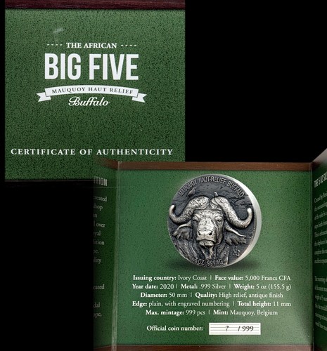 BUFFALO- "AFRICAN BIG FIVE" Ivory Coast 2020 SILVER 5oz. NGC MS-70 Coin GGcoins - Picture 6 of 8