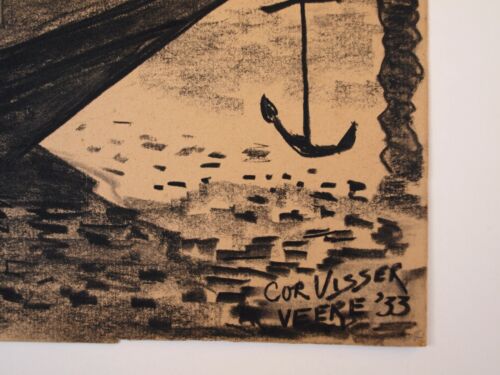 Cor Visser (1903-1982) Large charcoal sketch. Harbour Scene Veere, Holland 1933 - Picture 3 of 11