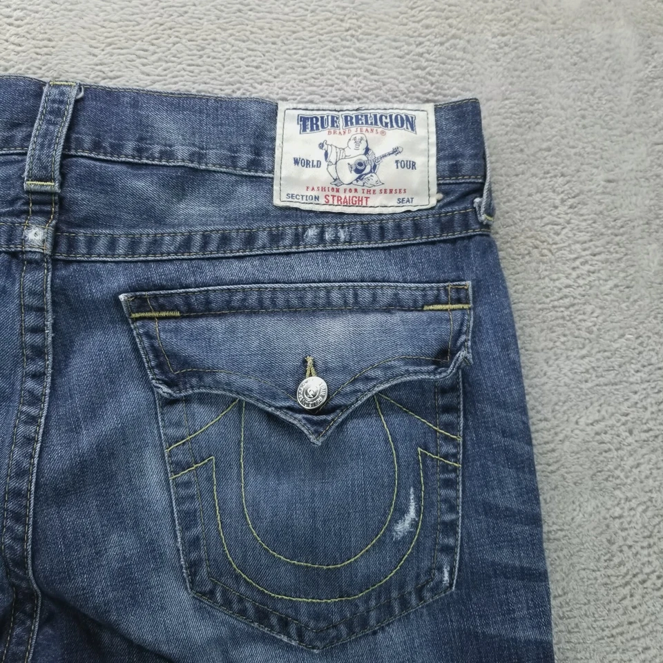 True Religion Jeans Mens 38x34 Blue Straight Flap Pockets Dark Wash Denim - Image 3 of 4