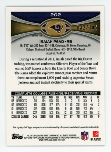 2012 Topps Chrome ISAIAH PEAD Rookie RC AUTO AUTOGRAPH CAMO REFRACTOR #/105 #202 - Picture 2 of 2