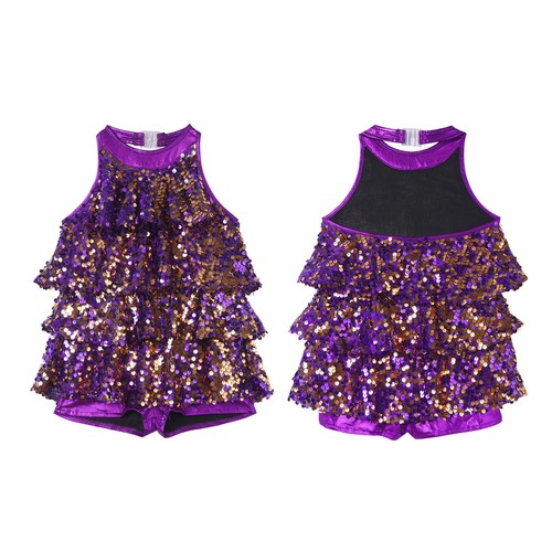 Girls Sparkly Sequins Latin Jazz Dance Leotard Modern Ballet Salsa Stage Costume - Picture 16 of 94
