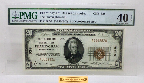 1929 $20 Framingham, Massachusetts NB CH#528  PMG 40 EPQ, Fr#1802-1- #C44619 - Picture 1 of 2