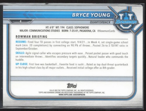 Tarjeta Bowman U Bryce Young 2022 rosa cromada primera Bowman radiocontrol Carolina Panthers #4 - Imagen 2 de 3