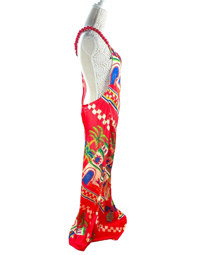 Red Satin Maxi Dress Holiday Print Beaded Strap Women’s UK Size 16 - Picture 2 of 9