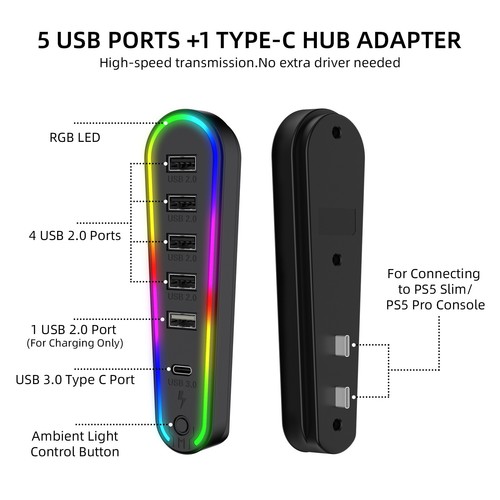 5 USB Port +1 Type-C Port Hub with RGB Light For PS5 Pro/PS5 Slim Console - Picture 1 of 10
