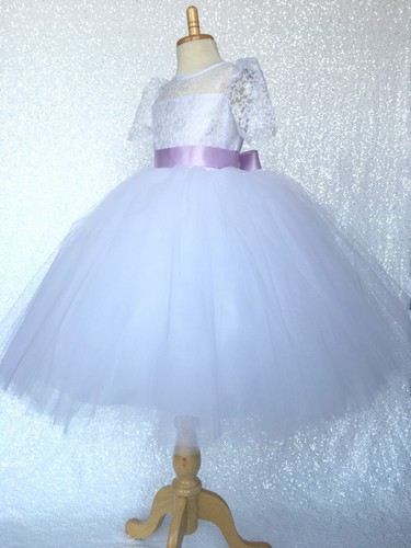 Short Sleeve Lace 4 Layer White Tulle Flower Girl Dress Wedding Pageant Birthday - Picture 21 of 30