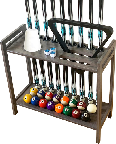 Pool Stick Holder Floor Stand Holds 9 Cues & Pool Table Accessories. Wooden 2-Ti - Picture 10 of 12