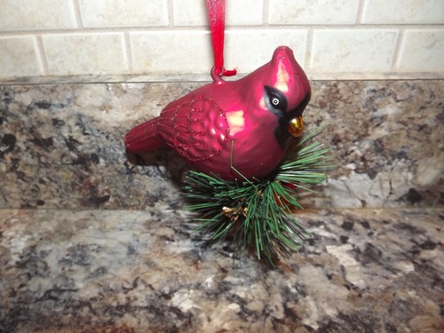 Red Cardinal on Branch Blown Glass ornament with Branch