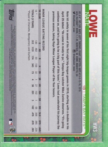 2019 Topps Holiday Walmart Mega Box Rookie #HW3 Nate Lowe Tampa Bay Rays - Picture 2 of 2
