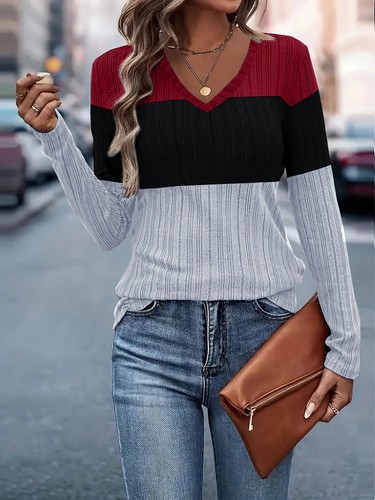 Damen Trendy Herbst V Ausschnitt Pullover Elegant Color Block Strick Tunika Top - Bild 4 von 24
