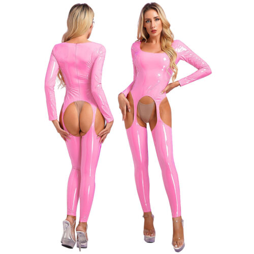 Damen Kunstleder Jumpsuit Overall Wetlook Body mit Hosenträger Strümpfe Clubwear - Bild 24 von 39