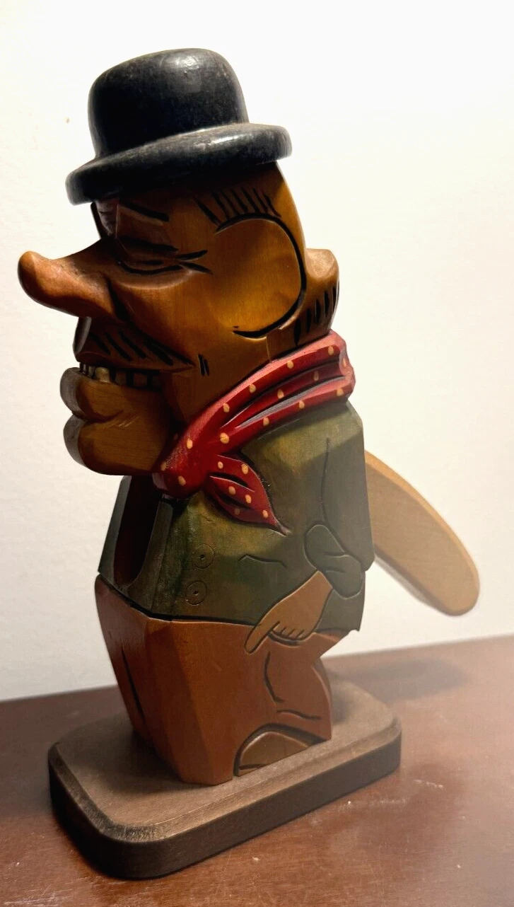 Vintage Wood Carved Nutcracker Man HOBO Holding Rum Bottle Bolo Hat 8 1/2"