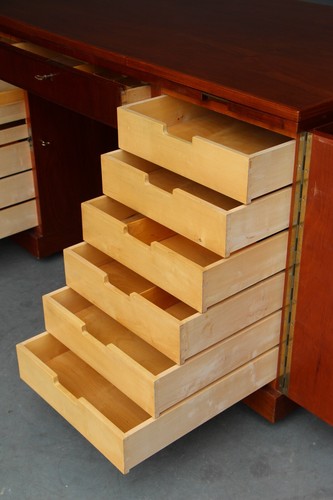 Scandinavian writing desk twin pedestals many birch drawers 2 extensions 1960’s - Picture 6 of 12