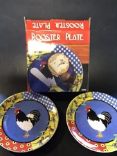 Vibrant Black & White Rooster Snack Plates Rustic Decor  ~ 2 Pack