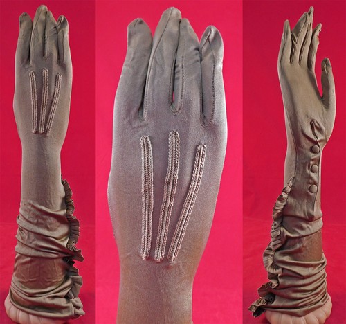 Vintage The Kayser Edwardian Taupe Silk Knit Ruffled Elbow Length Long Gloves   - Picture 1 of 4