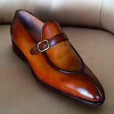Handmade Men's Leather Simple Shaded Style Piping Toe Monk Straps New Shoes-314