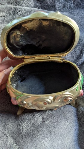 Antique Victorian Heavy pewter roses art nouveau hinged jewelry box painted - Picture 2 of 8