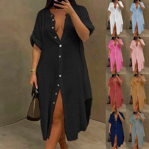 Women's Casual Loose Fit Long Sleeve Solid Button Down Shirts Dress Beach Dress