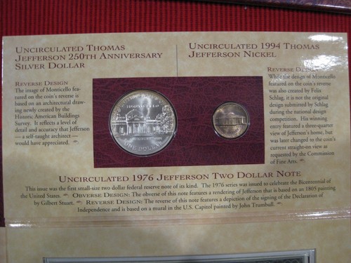 Thomas Jefferson Coinage And Currency Set 1993 Silver Coin & $2 Bill Note - Picture 5 of 7