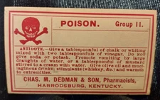 Old Quack Medicine POISON Label Chas Dedman Pharmacist Harrodsburg KY Skull