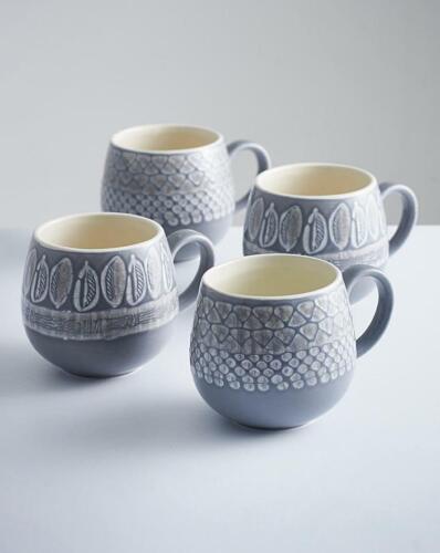 Set of 4 Impressions Grey Leaf Durable Stoneware Mugs Hot Coffee Tea Cups   - Picture 1 of 4