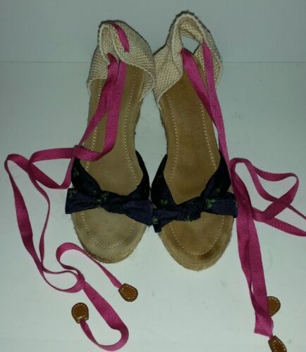 Jcrew pink navy blue embroidered tennis espadrille wedge ankle tie heels. 8 - Picture 2 of 6
