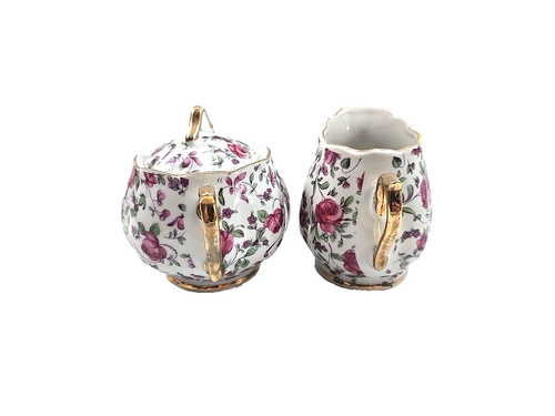 Vintage Norcrest Pink Floral Chintz Sugar Bowl & Creamer Set Gold Trim #L-295 - Picture 2 of 10