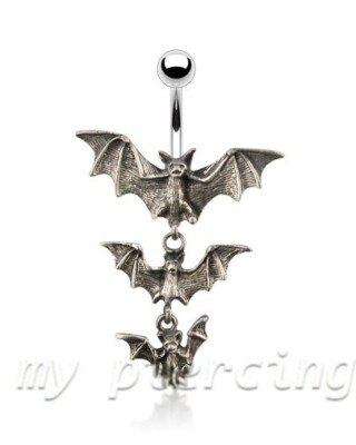 Brushed Steel Surgical Triple Vampire Bats Gothic Surgical Steel Belly Button Navel Ring Brushed Steel Surgical Triple Vampire Bats Gothic Surgical Steel Belly Button Navel Ring