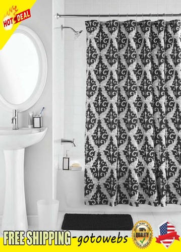 17 Pcs Ikat Damask Print Polyester/Ceramic Shower Curtain Bathroom Accessory Set