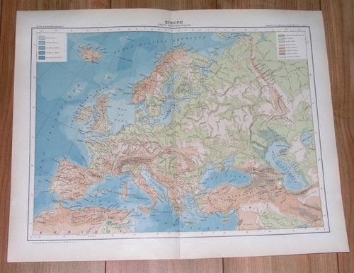 ORIGINAL ANTIKE FRANZÖSISCHE PHYSISCHE KARTE EUROPA GEBIRGE FLÜSSE VER 1907