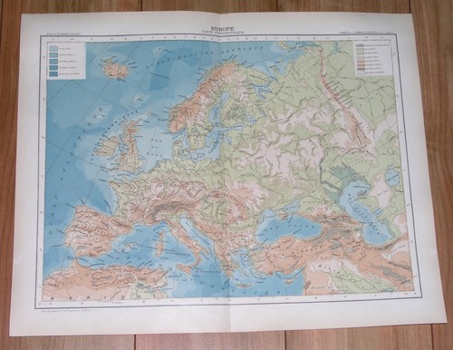 1907 ORIGINAL ANTIQUE FRENCH PHYSICAL MAP EUROPE MOUNTAINS RIVERS VER  - Picture 1 of 4