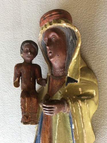 ANTIQUE HAND CARVED WOOD BLACK MADONNA OF ALTÖTTING PRIESTS FIGURINE STATUE - Picture 9 of 12
