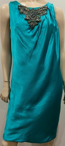 Vestido ALBERTA FERRETTI Azul Brillo Seda Redondo Cuentas Escote Sin Mangas UK12 - Imagen 2 de 10
